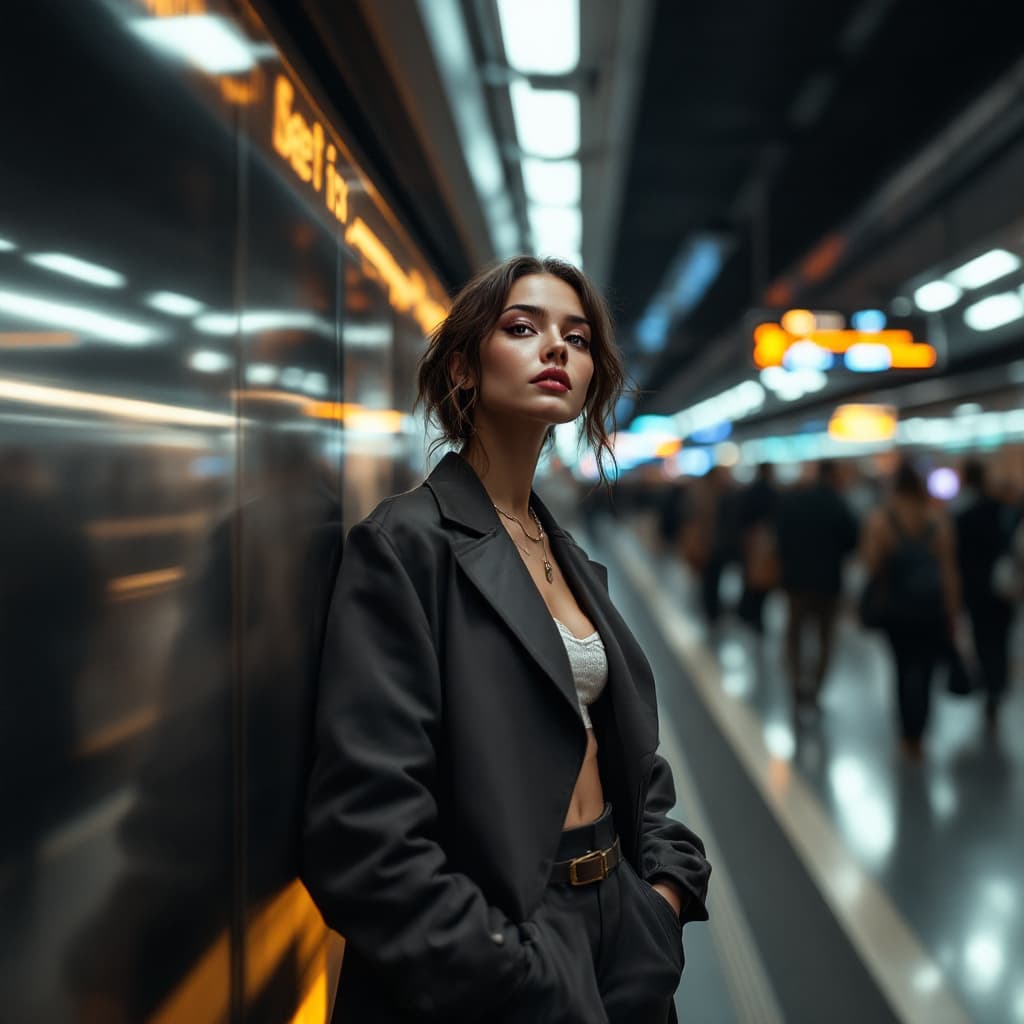 AI generated: A stylish female influencer standing at a modern metro train station, waiting for the train to arriv...