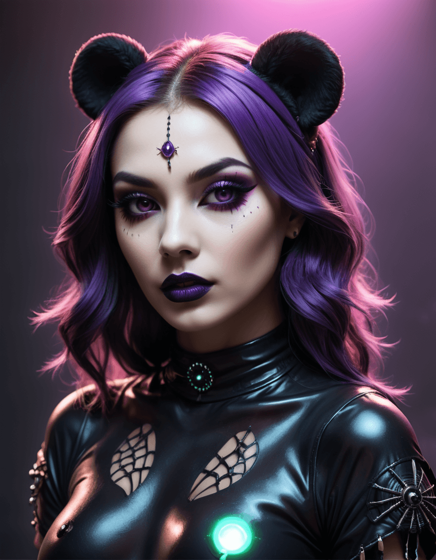 AI generated: raver girl with a macabre twist. Imagine her as a vibrant mix of darkness and neon, a living contrad...