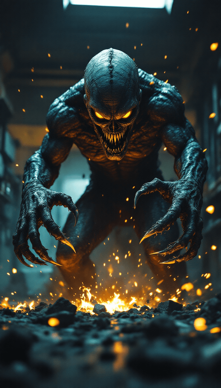 AI generated: terrifying full length shot of an intimidating radioactive atomic monster in a laboratory breaking e...