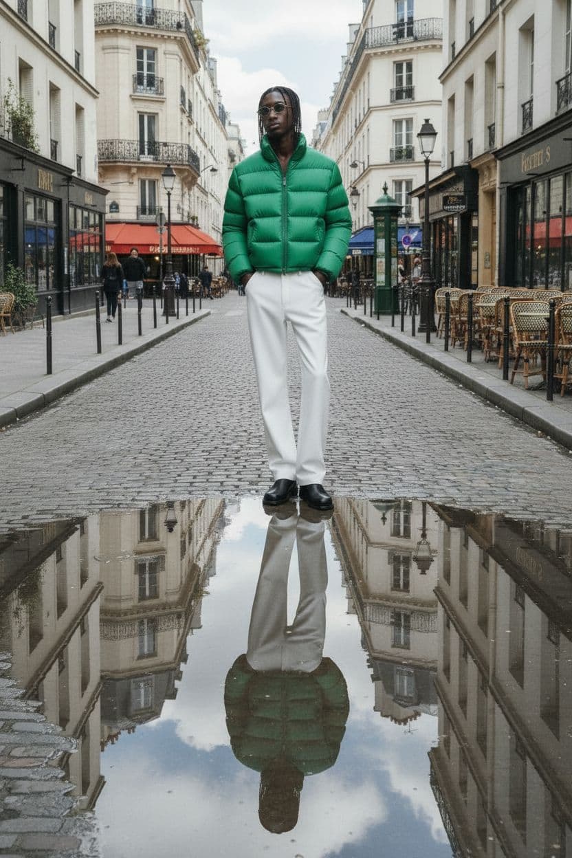 AI generated: Add a puddle on the ground where the model’s reflection can be clearly seen. It has to be very reali...