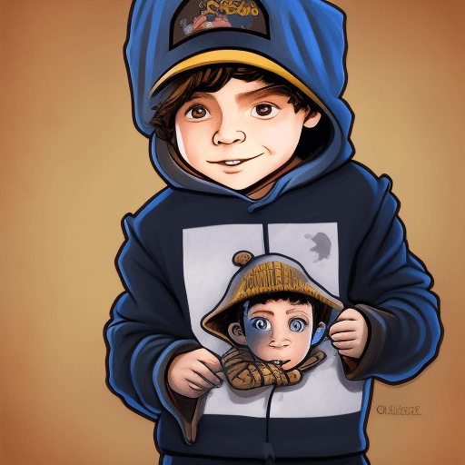 AI generated: un niño con una sudadera anaranjada con capucha  de dibujos animados que lleva un sombrero, en el es...