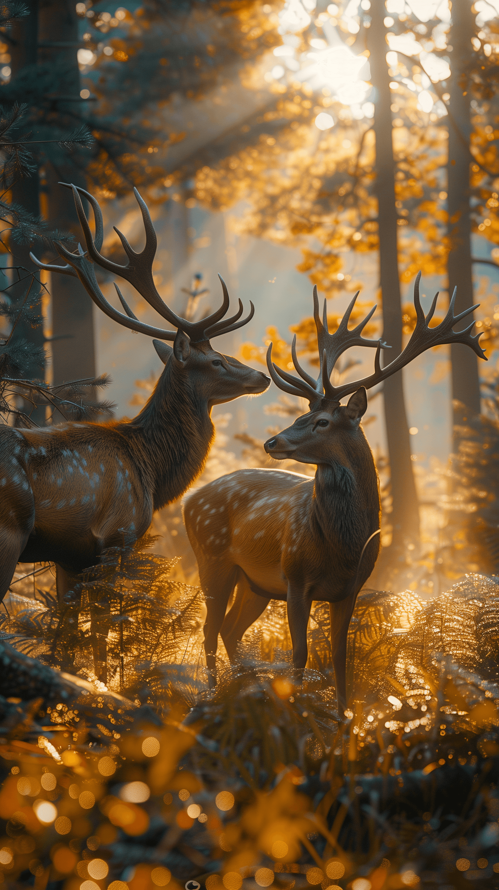 AI generated: photography, candid shot, forest, in the morning, fog, realistic sun lights, riched greenary, couple...