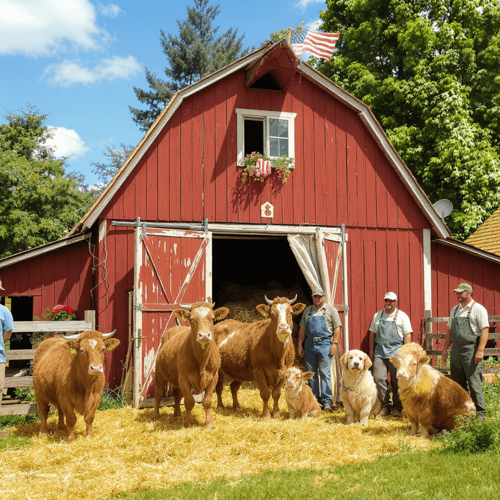 AI generated: barn, animals, and workers
