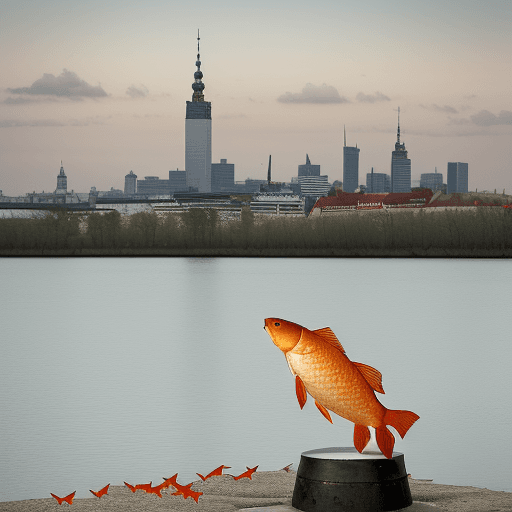 AI generated: crucian carps standing on the ground eating shit pile from the plate. Warsaw skyline in the backgrou...