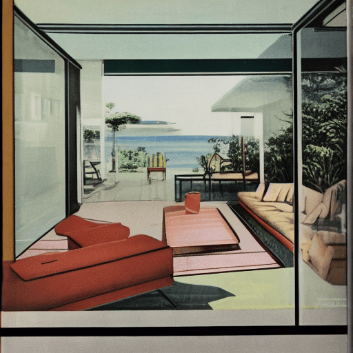 AI generated: Hyper realistic eye level exterior photo of a mid century modern style house overlooking the ocean, ...