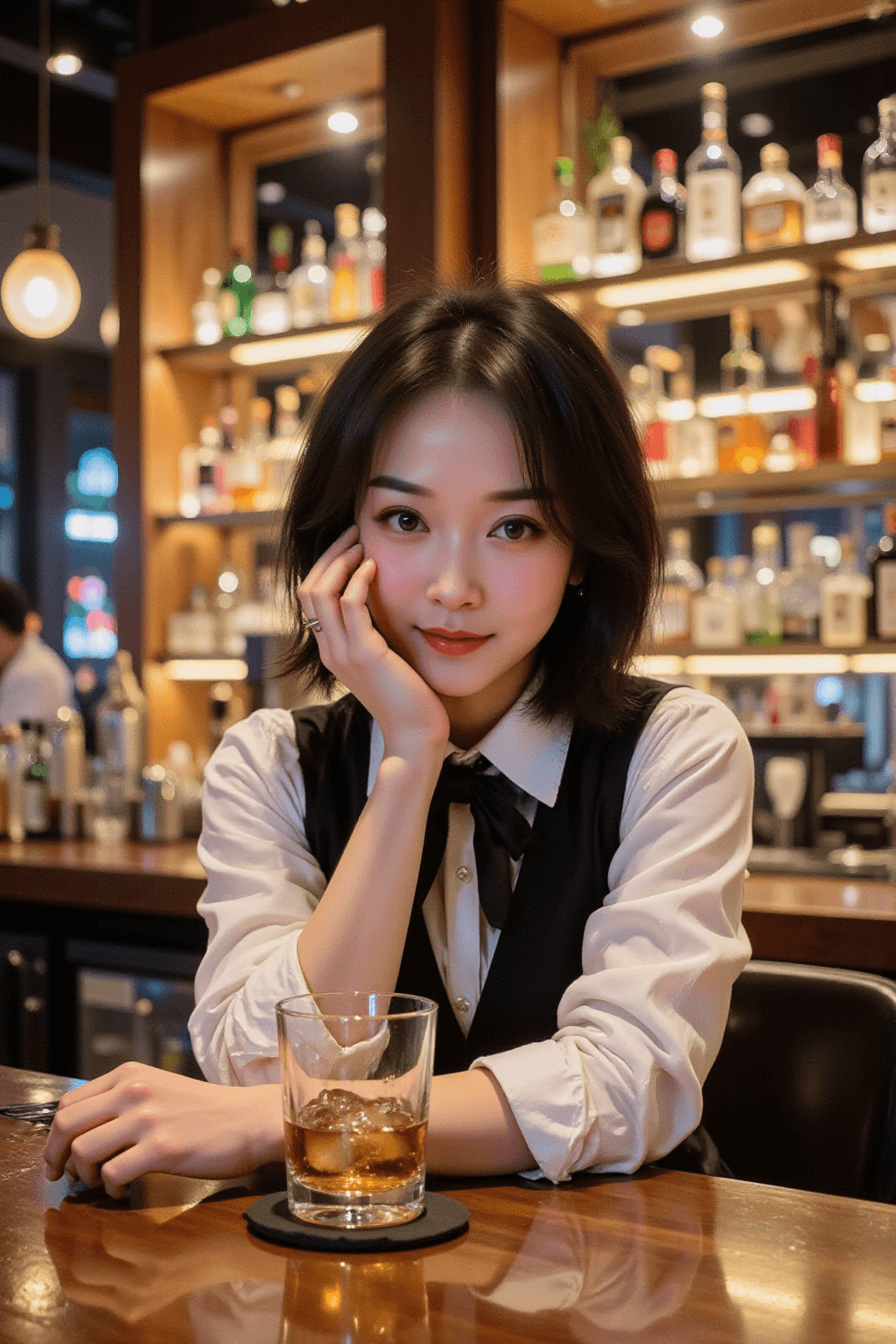 AI generated: ultra-realistic, cinematic photo of a beautiful young Japanese woman in her early 20s, sitting at th...