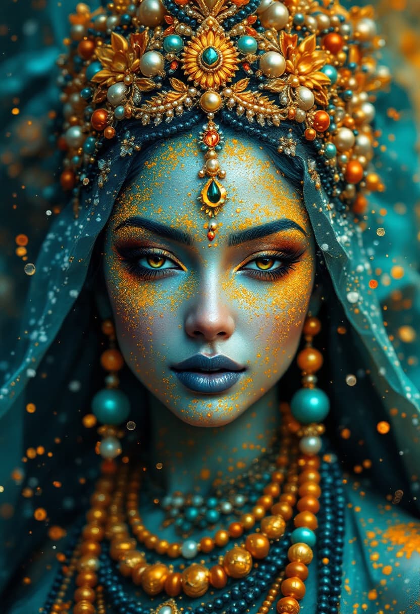 AI generated: an image of a stunning beautiful paravati goddess,wearinf intricate colorsul shiny sari made from co...