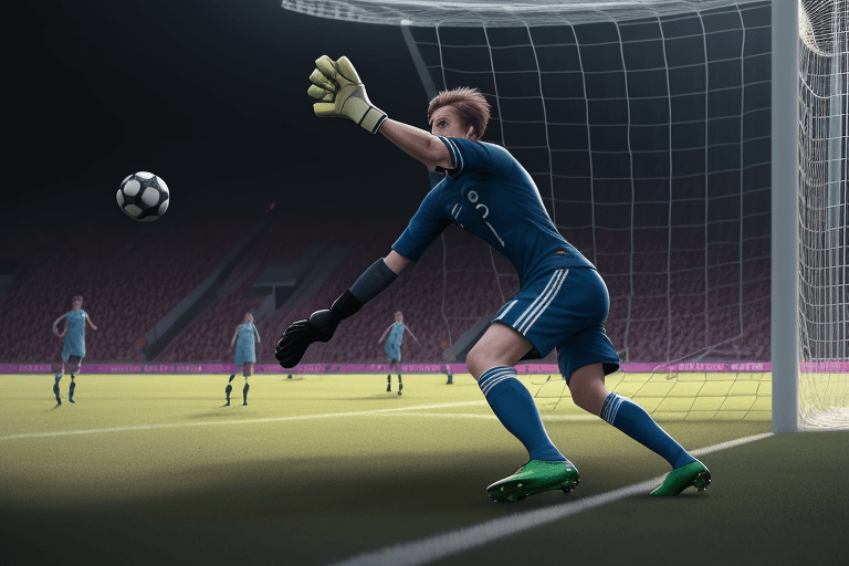 AI generated: Photo of a ultra realistic soccer goalie barely stopping a goal from the other team