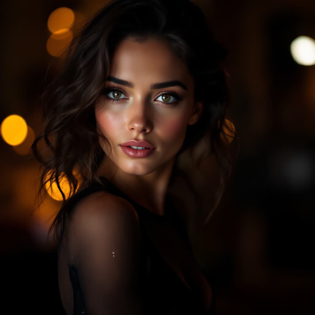 AI generated: A woman with wavy dark brown hair, wearing an leotard She gazes softly toward the camera, slightly t...