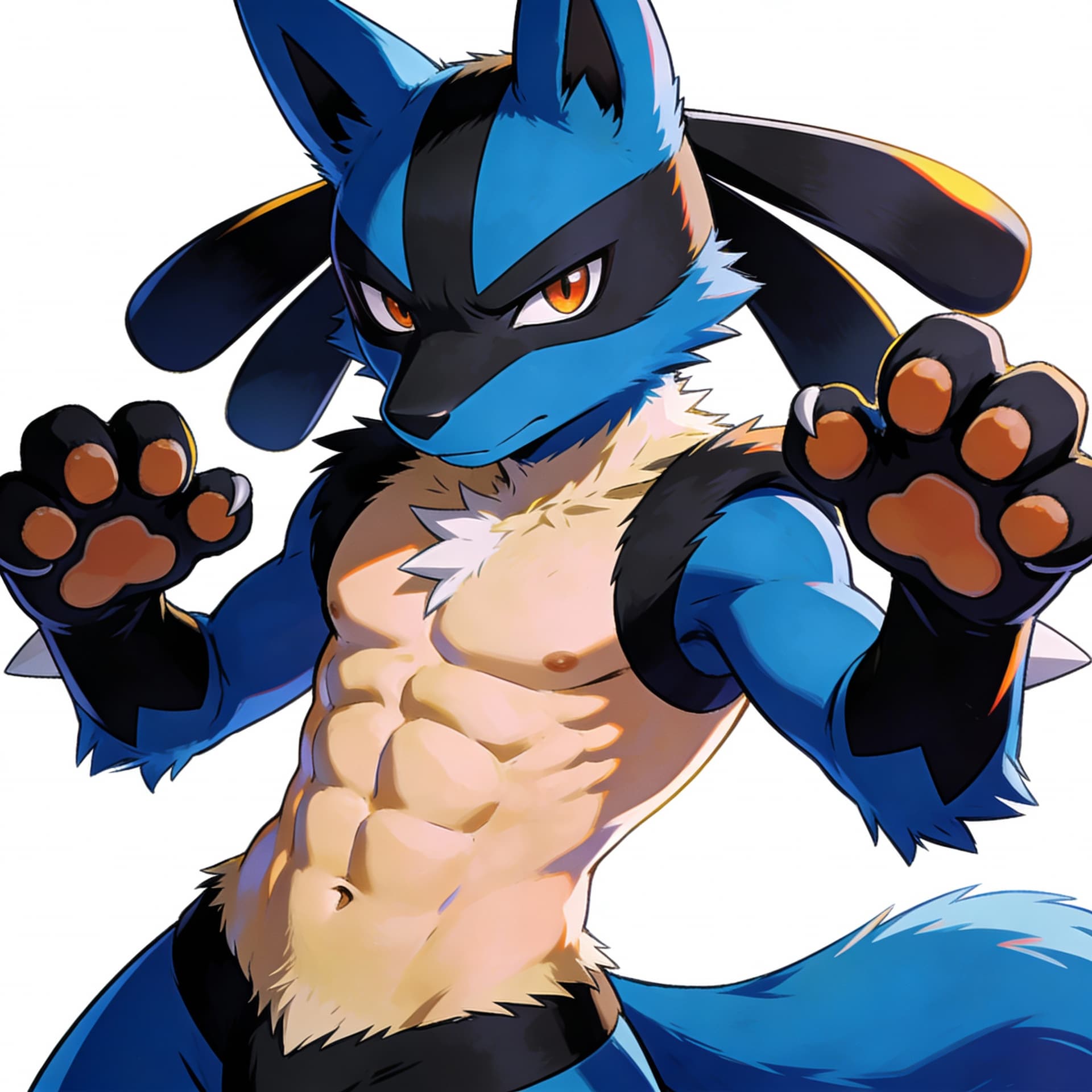 AI generated: Furry, Lucario, pokemon, abs, serious look, sexy, showing his paws


