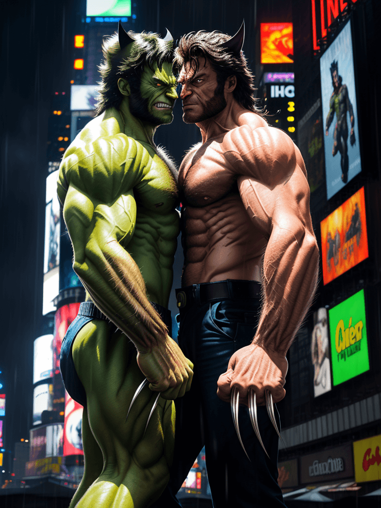 AI generated: wolverine face to face with the incredible hulk, times square, full moon, cloudy, foggy, raining, 
