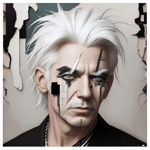 AI generated: man in white hair, in the style of multi-layered collages, edgy street art, celebrity-portraits, car...