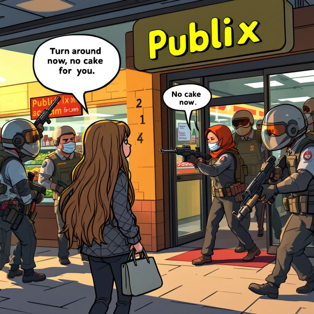 AI generated: A scene of a long haired girl with a fancy purse trying to walk into a supermarket, but there are mu...
