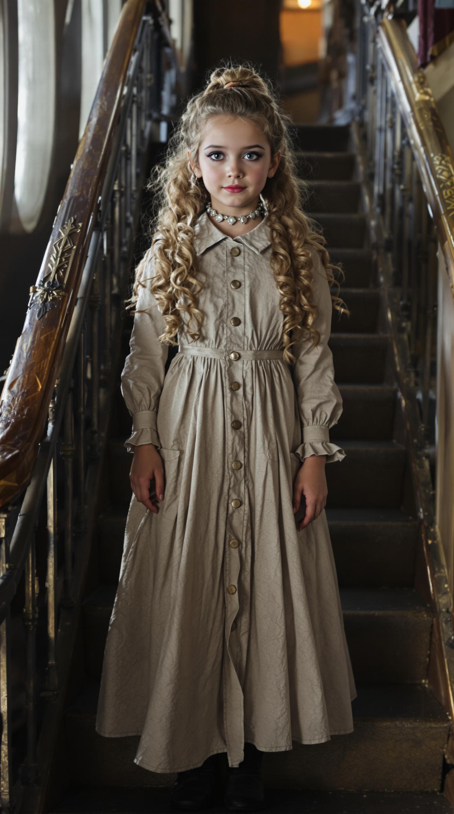 AI generated: a professional photo of a exceptionally beautiful girl aboard the Royal Mail Ship Titanic (age 9), (...