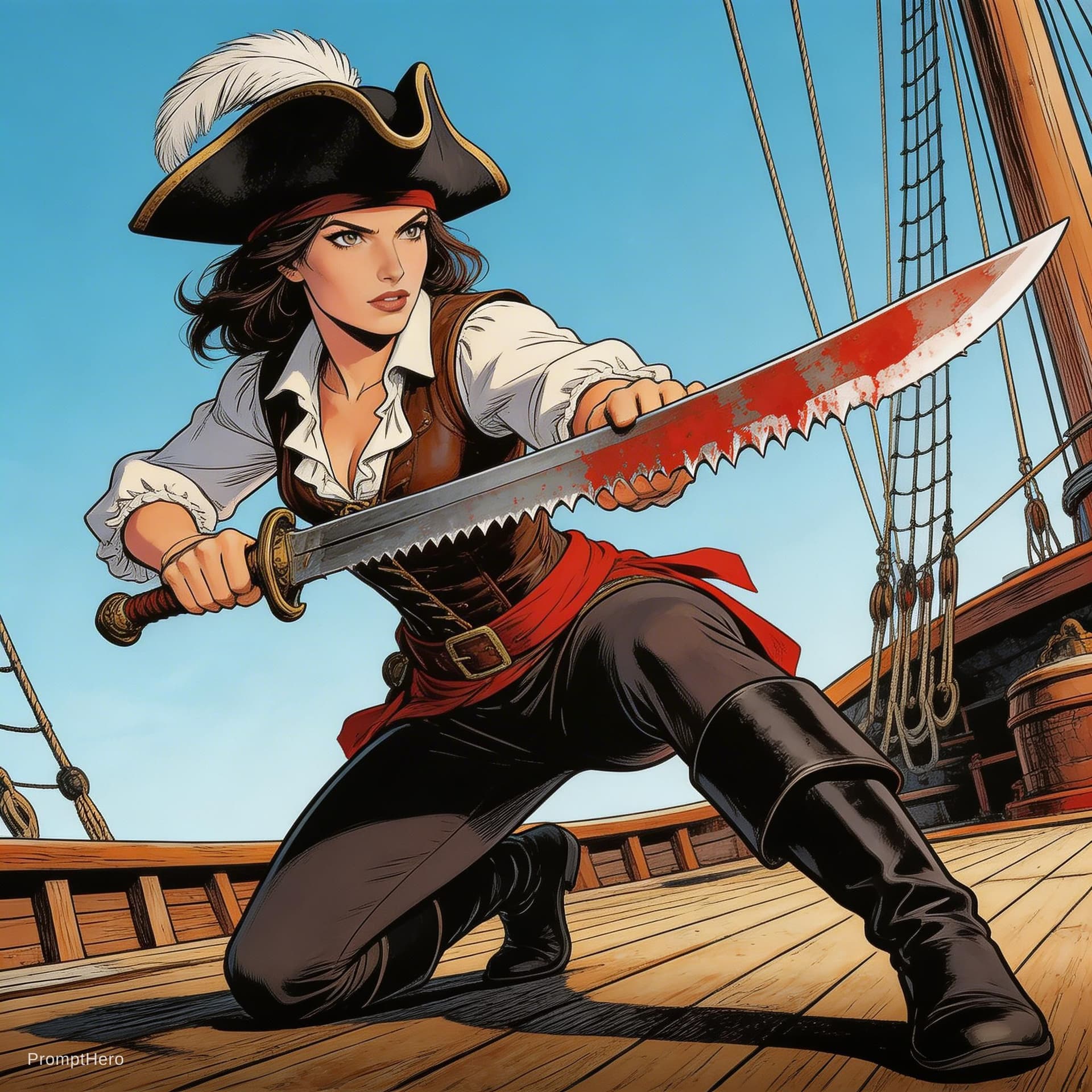 AI generated: Comic book cover illustration, full body shot 3/4 low-angle view of a young beautiful female pirate ...