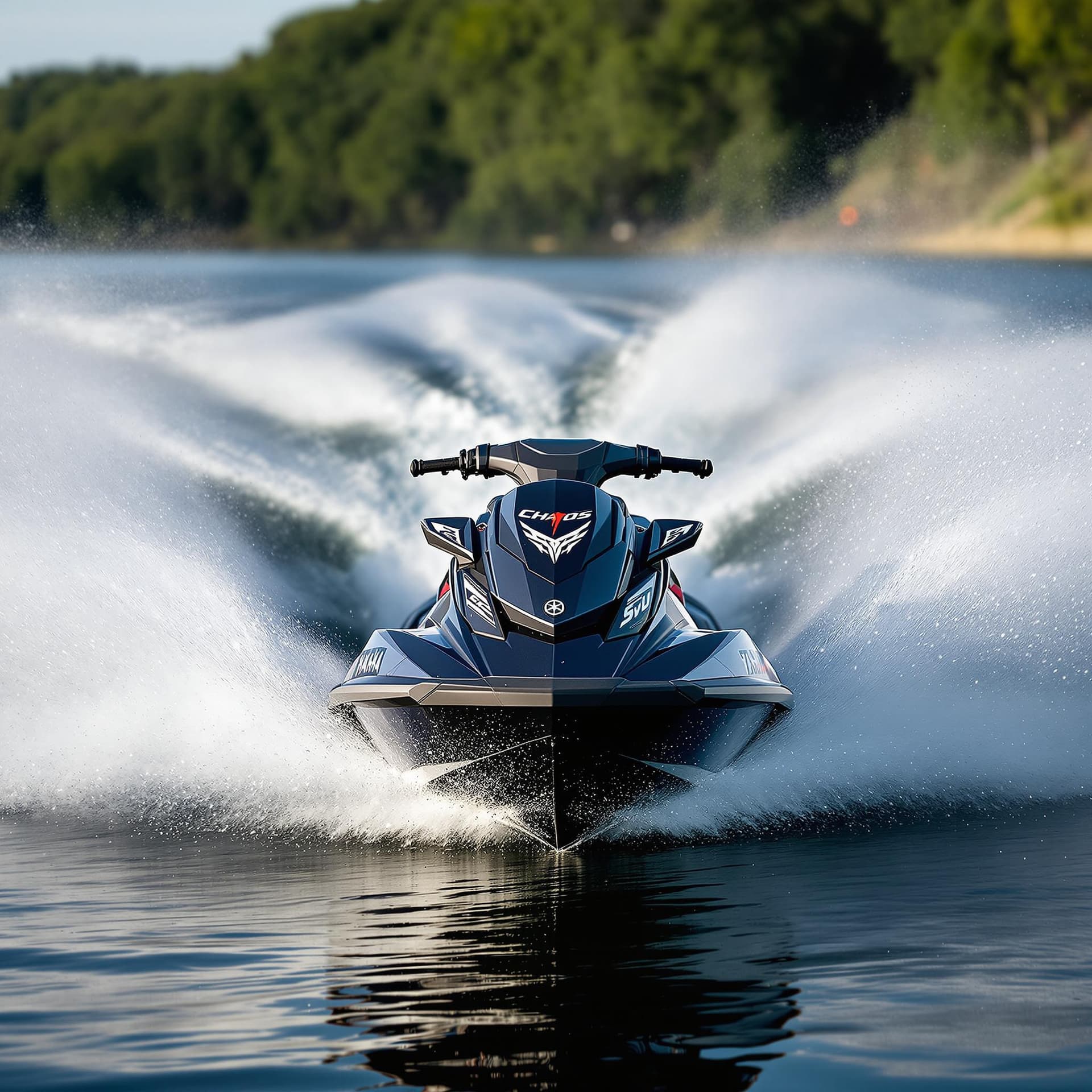 AI generated: photography, sports shooting, dynamic range, dynamic motion with yamaha fx svho jetski black in colo...