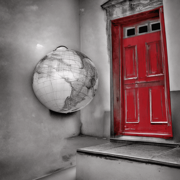 AI generated: a red door in a colorless globe. surreal. color splash art with the door.