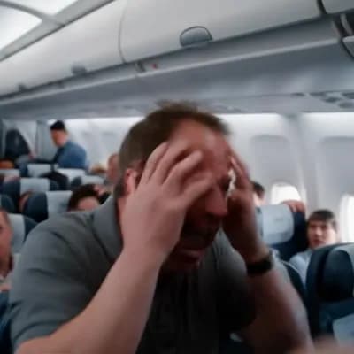 AI generated video: POV video recorded with an iPhone inside a commercial airplane. A man suddenly starts freaking out m...