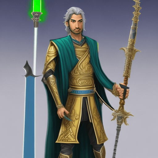 AI generated: create me a Mandolarian in a gold and blue suit with a green aser sword and grogu on his shoulder, b...