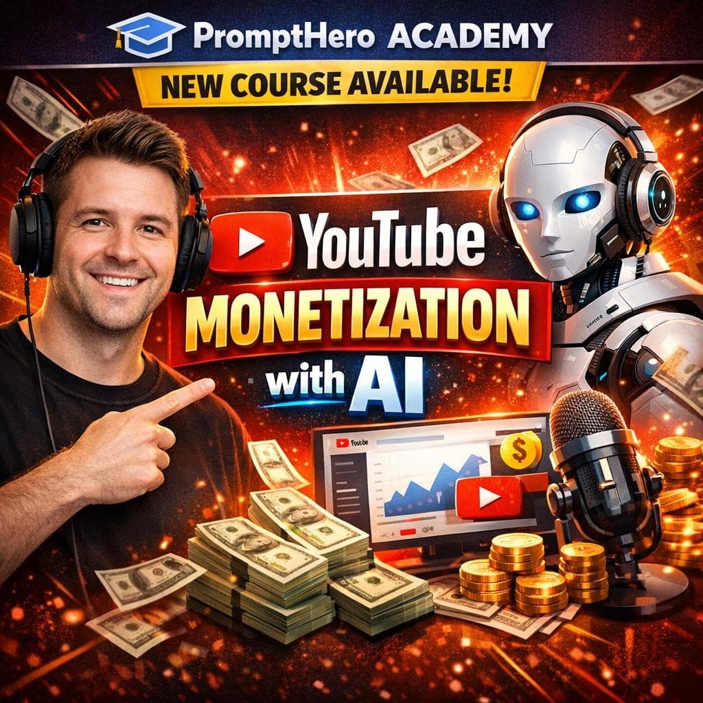 AI generated: Create a thumbnail: New PromptHero course now available in the Academy: YouTube Monetization with AI...