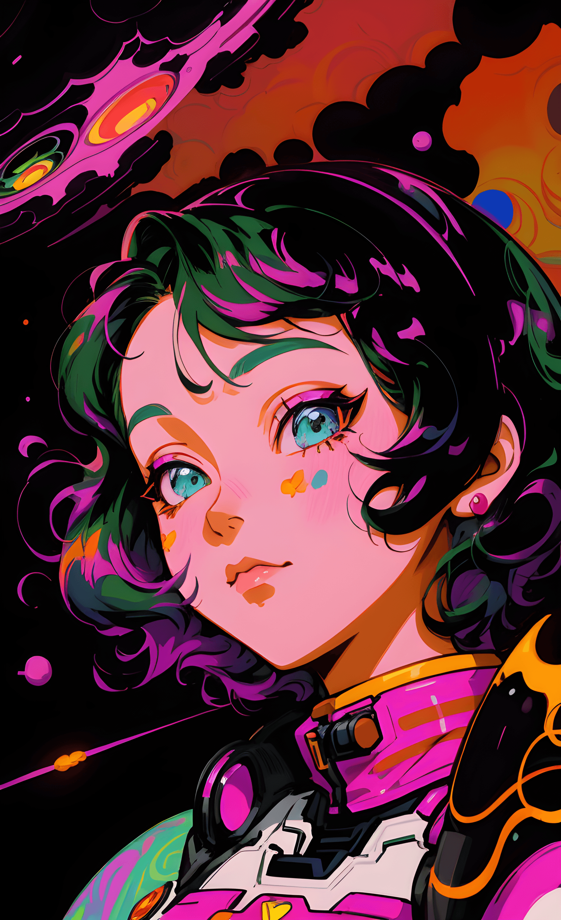 AI generated: an illustration of a woman in a space suit, a digital painting, inspired by loish, psychedelic art, ...