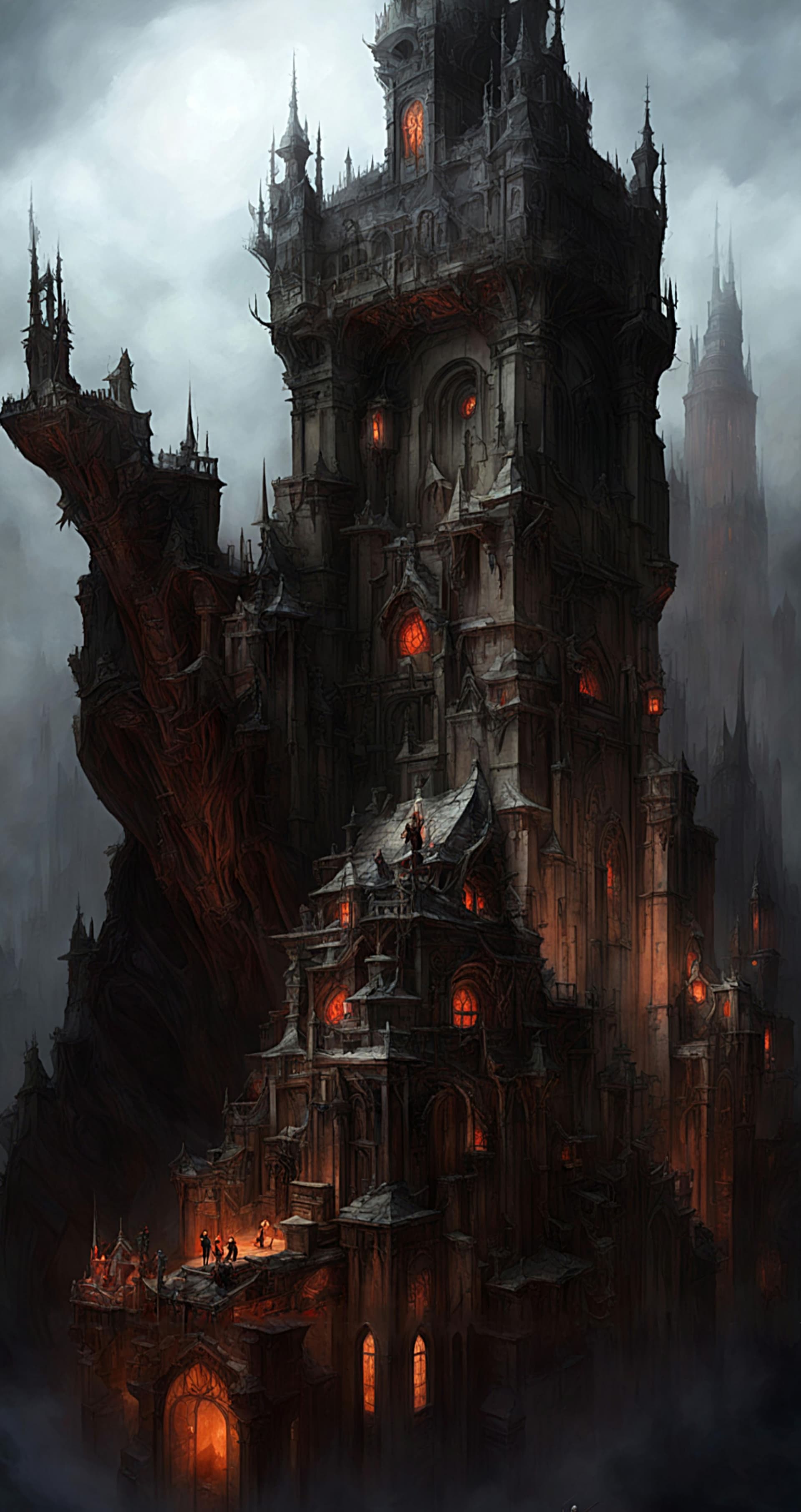 AI generated: Fantastic angle view of a Gothic Hellgate Tower, dim, hell, underworld masterpiece, shadows, expert,...
