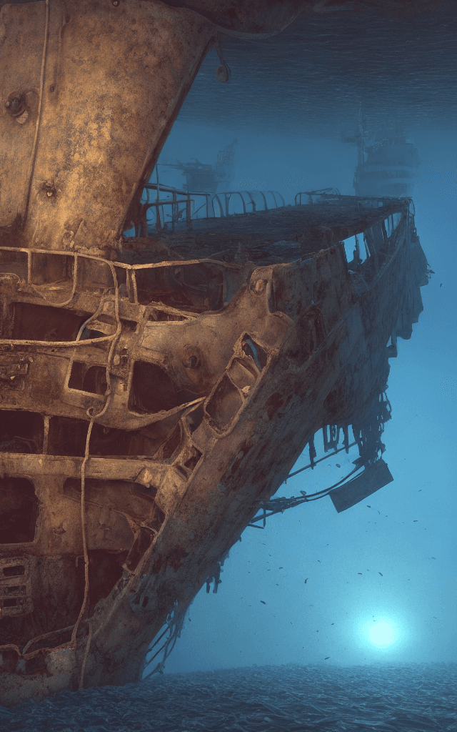 AI generated: an oil painting of the wrecking place of a ship in the bottom of the ocean, cinematic, atmospheric p...