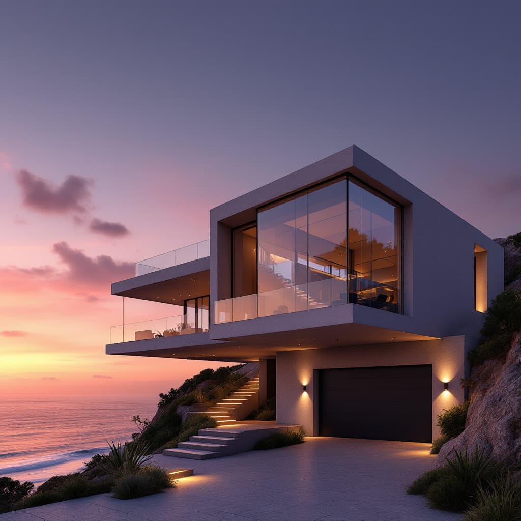 AI generated: High resolution photography of a modern luxury cliffside house overlooking the ocean at sunset, feat...