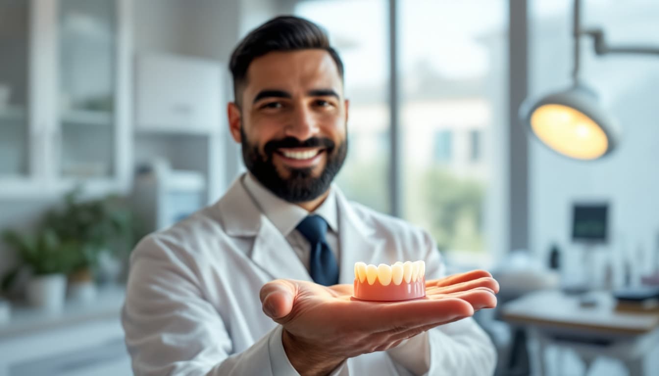 AI generated: A 35-year-old dentist with a short, well-groomed black beard and dark hair, wearing a white coat ove...