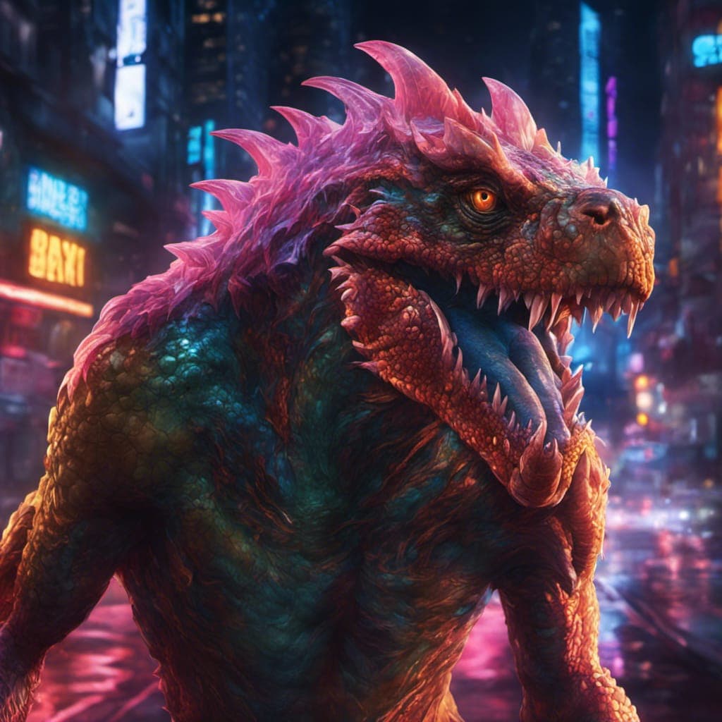 AI generated: a glowing neon creature's  scaly hide with a cyberpunk background, highly detailed, 8k