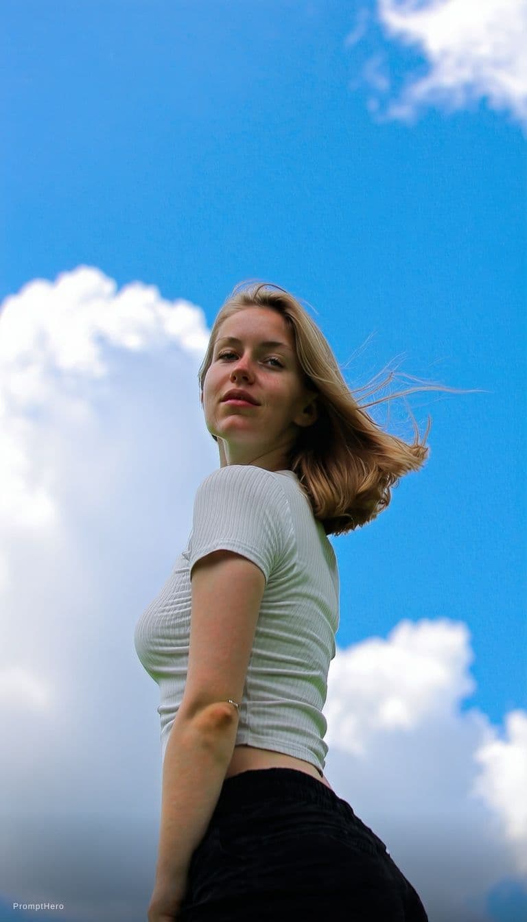 AI generated: {
  "imagen": {
    "descripcion_general": "Mujer joven posando de pie al aire libre en un aparcamie...