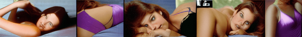 AI generated: famous actress of the 90s, woman 22yo, close-up, laying on bed, bent over, spread legs, long hair, p...
