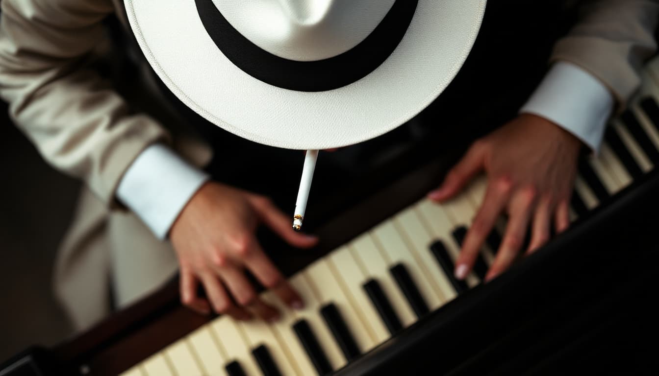 AI generated: portrait capturing the essence of a pianist with white hat from an overhead perspective smoking a ci...