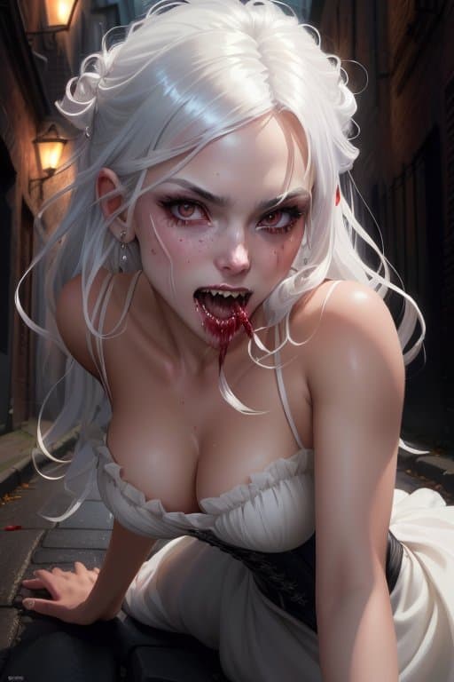 AI generated: extremely detailed CG unity 8k wallpaper portrait of a vampire woman biting the viewer in a victoria...