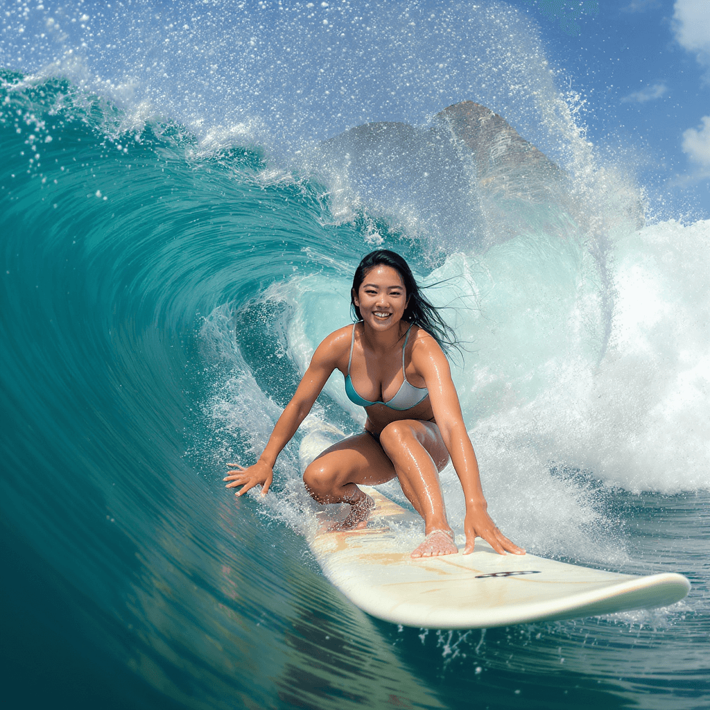 AI generated: a beautiful asian model surfing in cloud 9 siargao. 
