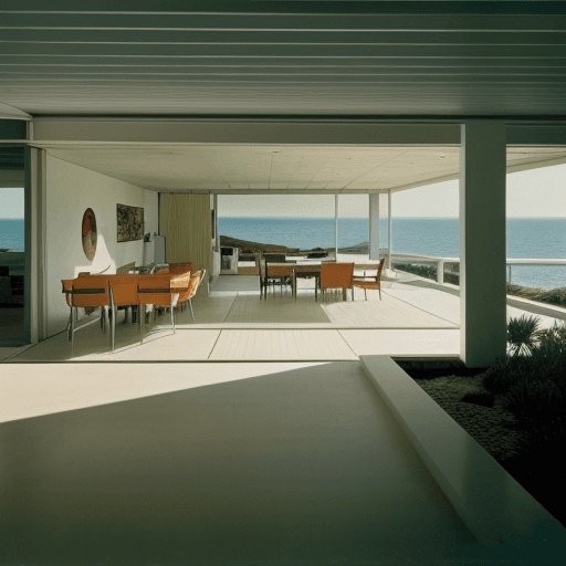 AI generated: Hyper realistic eye level exterior photo of a mid century modern style house overlooking the ocean, ...