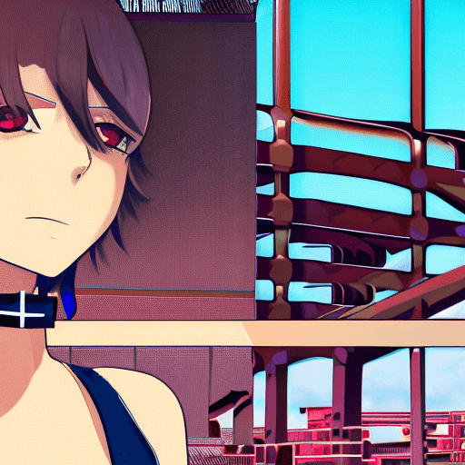 AI generated: anime style, persona_5 Haru_okumura with pinkshort_hair with gigantic breasts and pinkslingbikini, ,...