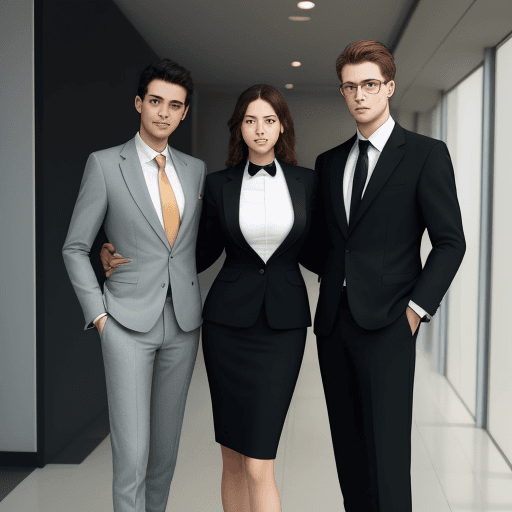 AI generated: image of man, man, woman together, dressed in elegant business suits, posing as friend