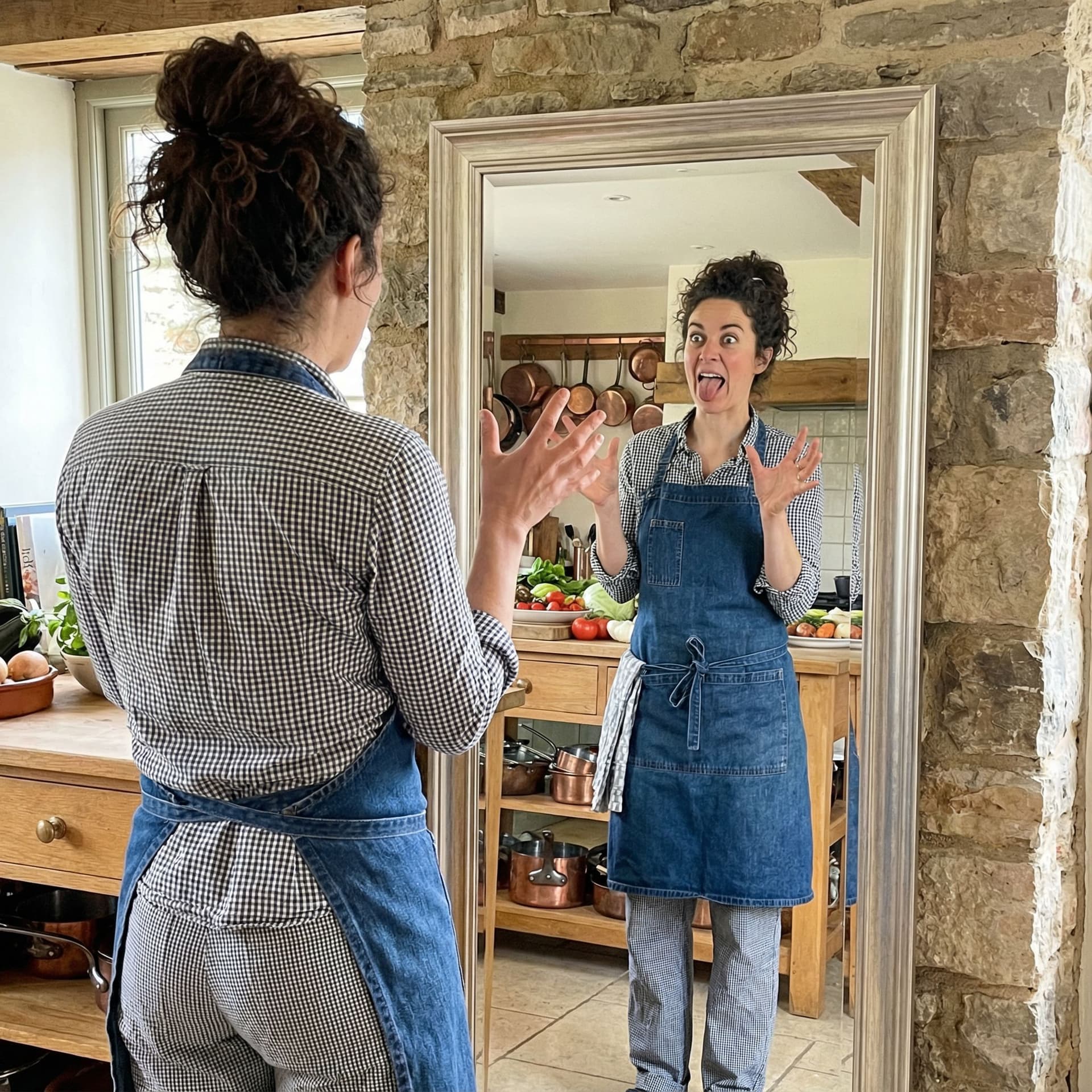 AI generated: Same cook had as last image she’s nuts in a mirror full length from behind we see her full reflectio...
