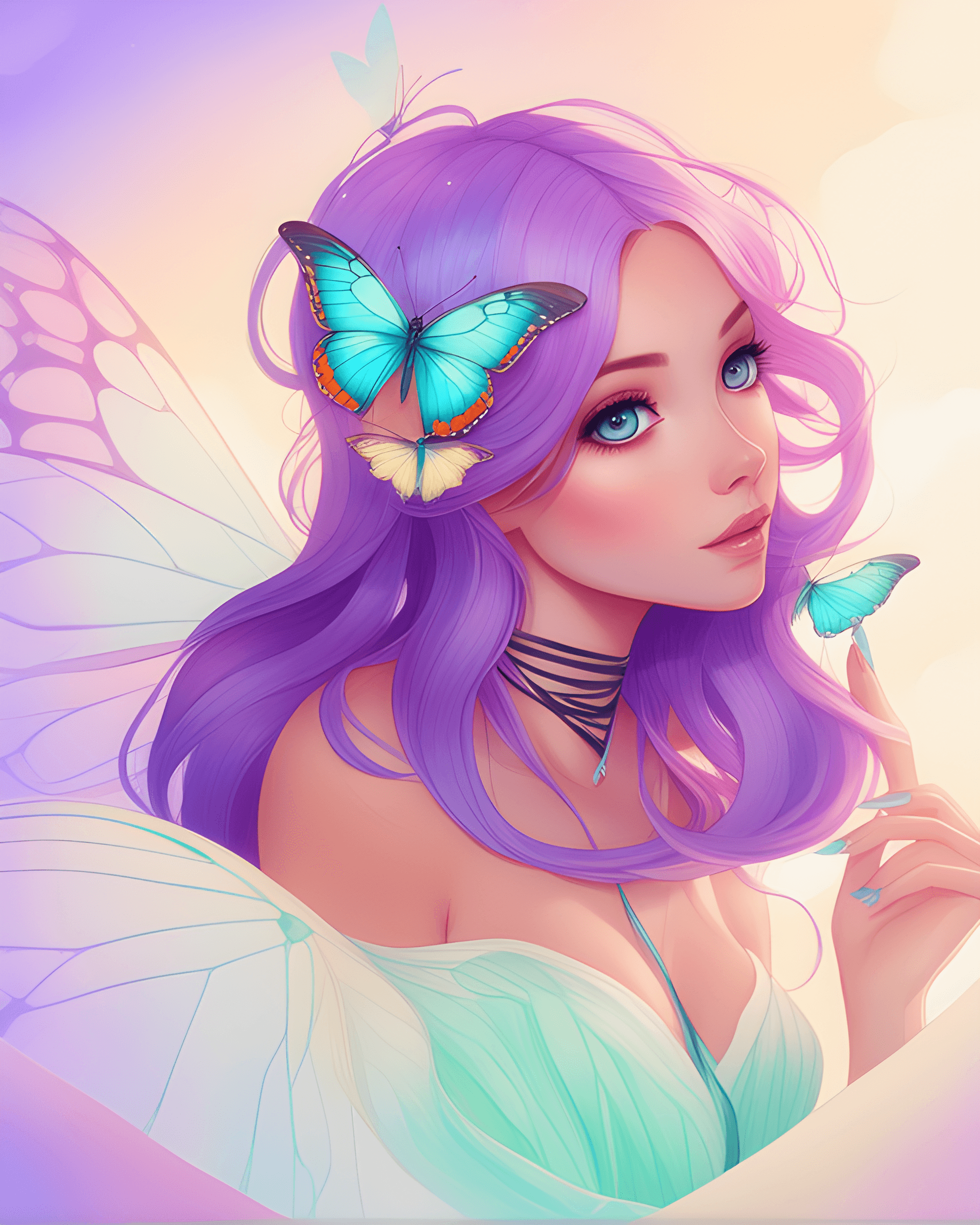 AI generated: anime girl with purple hair and butterfly wings, fantasy art style, rossdraws pastel vibrant, cute d...