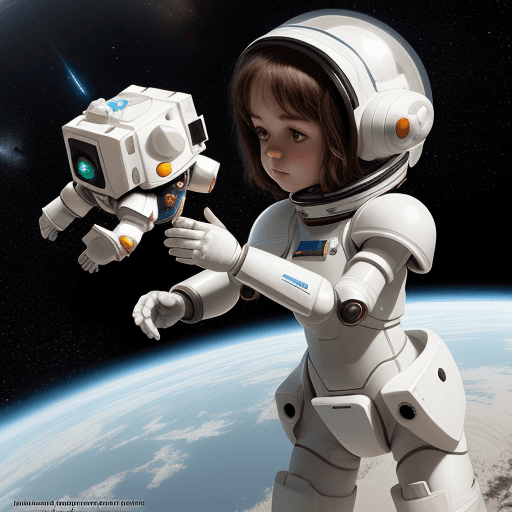 AI generated: a girl with white armor rescuing her small robot in the space




