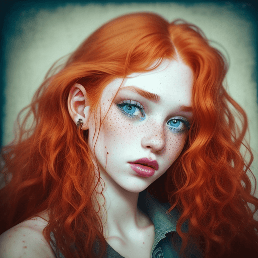 AI generated: grunge style photograph of ginger female instagram model close up, beautiful, long curly hair, notic...