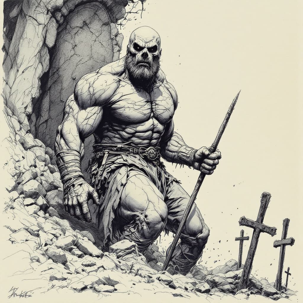 AI generated: Comic book realistic illustration, full body shot of a gravedigger with thick aesthetic physique, st...