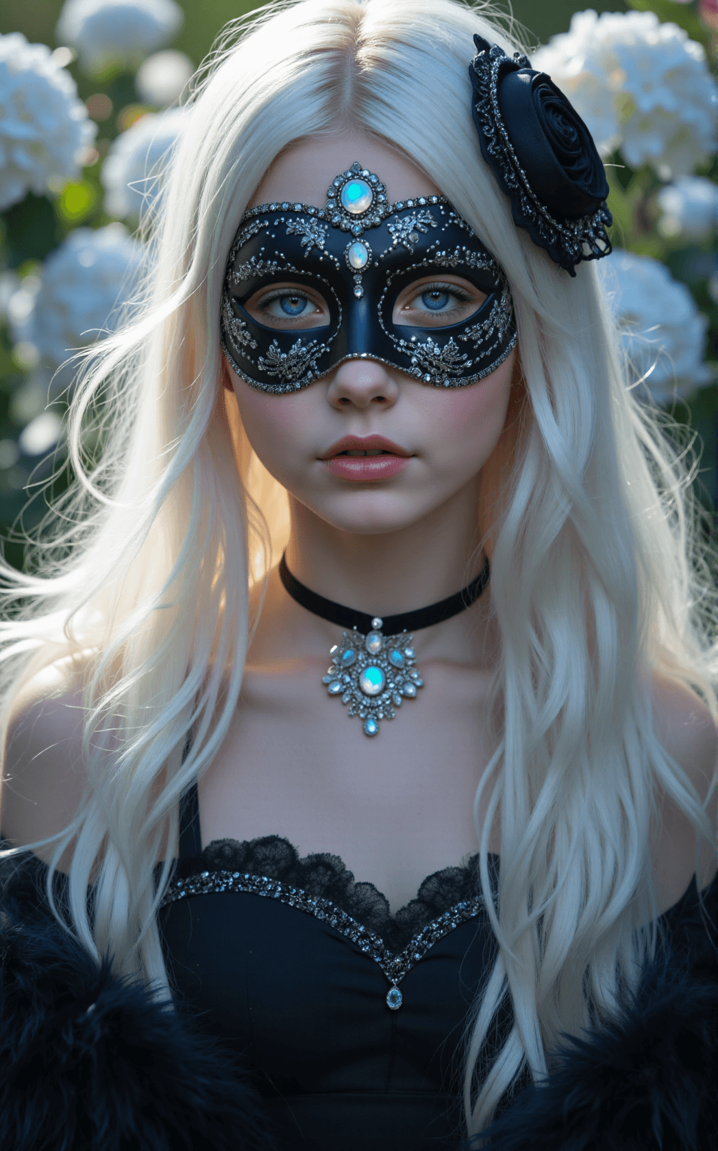 AI generated: A hyper-detailed, ultra-realistic close-up photograph focused on her mask, portrait of A mystical yo...
