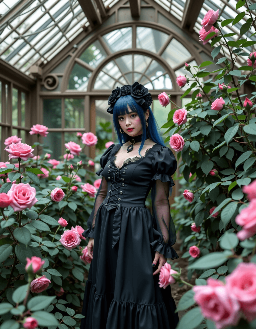 AI generated: "Gothic Lolita fashion model posing in a decaying, ornate greenhouse, surrounded by overgrown, thorn...