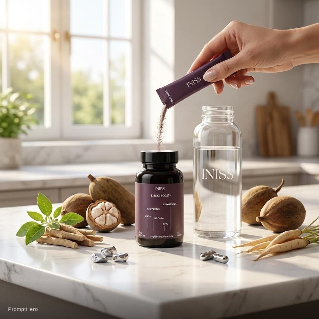 AI generated: A premium commercial product advertisement scene designed **around the specific Iniss supplement jar...