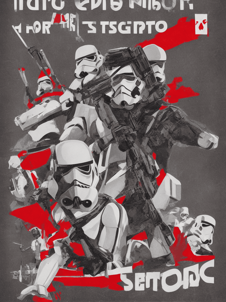 AI generated: A Stormtrooper featured in a Soviet Union propaganda recruitment poster| Bold colors and striking de...