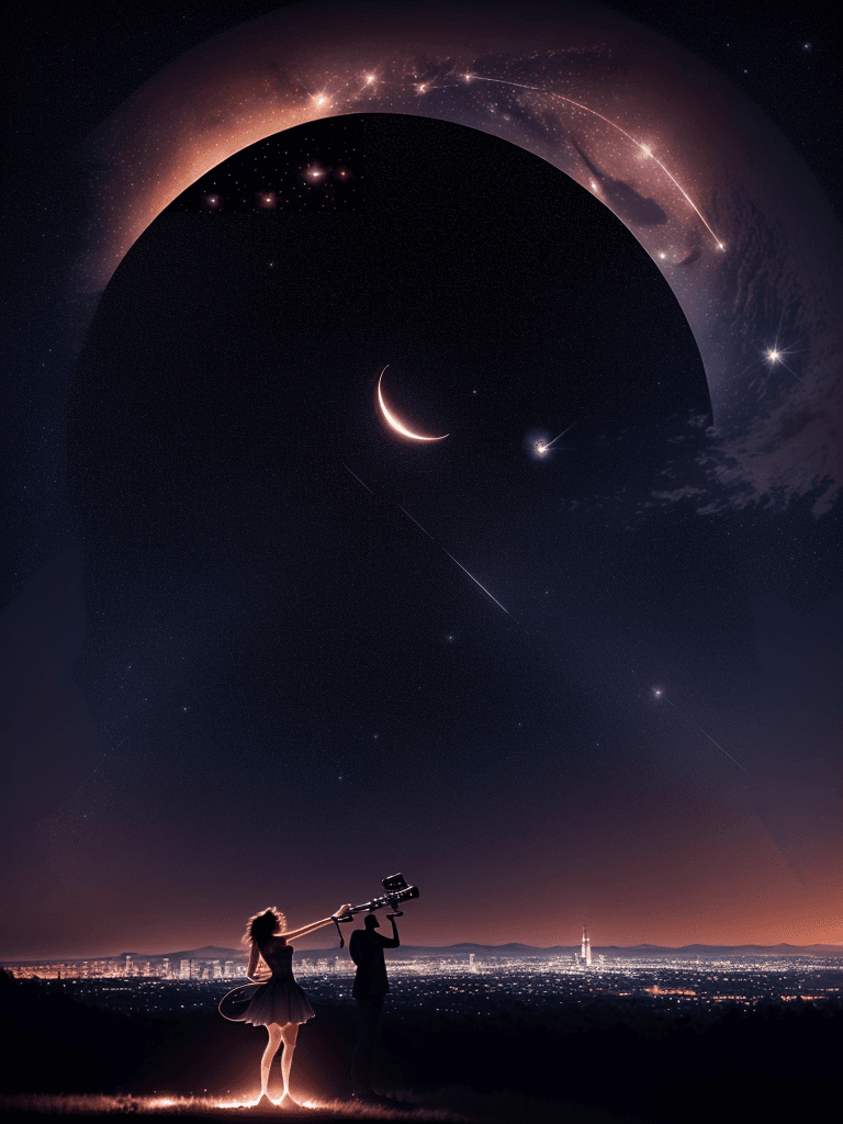 AI generated: Photo of an ultra-realistic starry nightscape with Sofia's silhouette holding the telescope, while t...