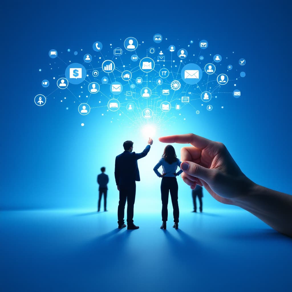 AI generated: PEOPLE, picking a icons, bright studio light, blue background, minimalist, miniature computer photog...