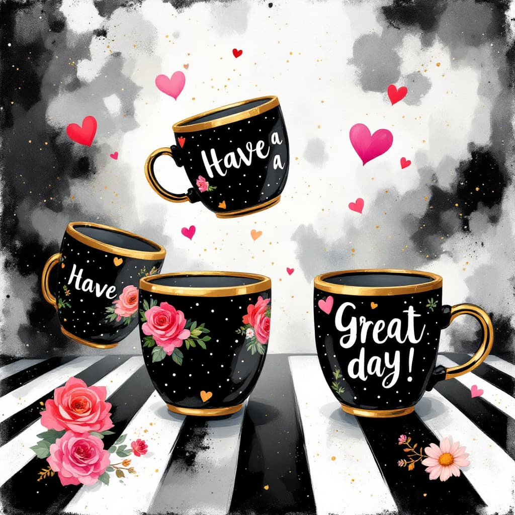 AI generated: A whimsical and enchanting illustration featuring four gold-rimmed black polka dot felt mugs, each d...